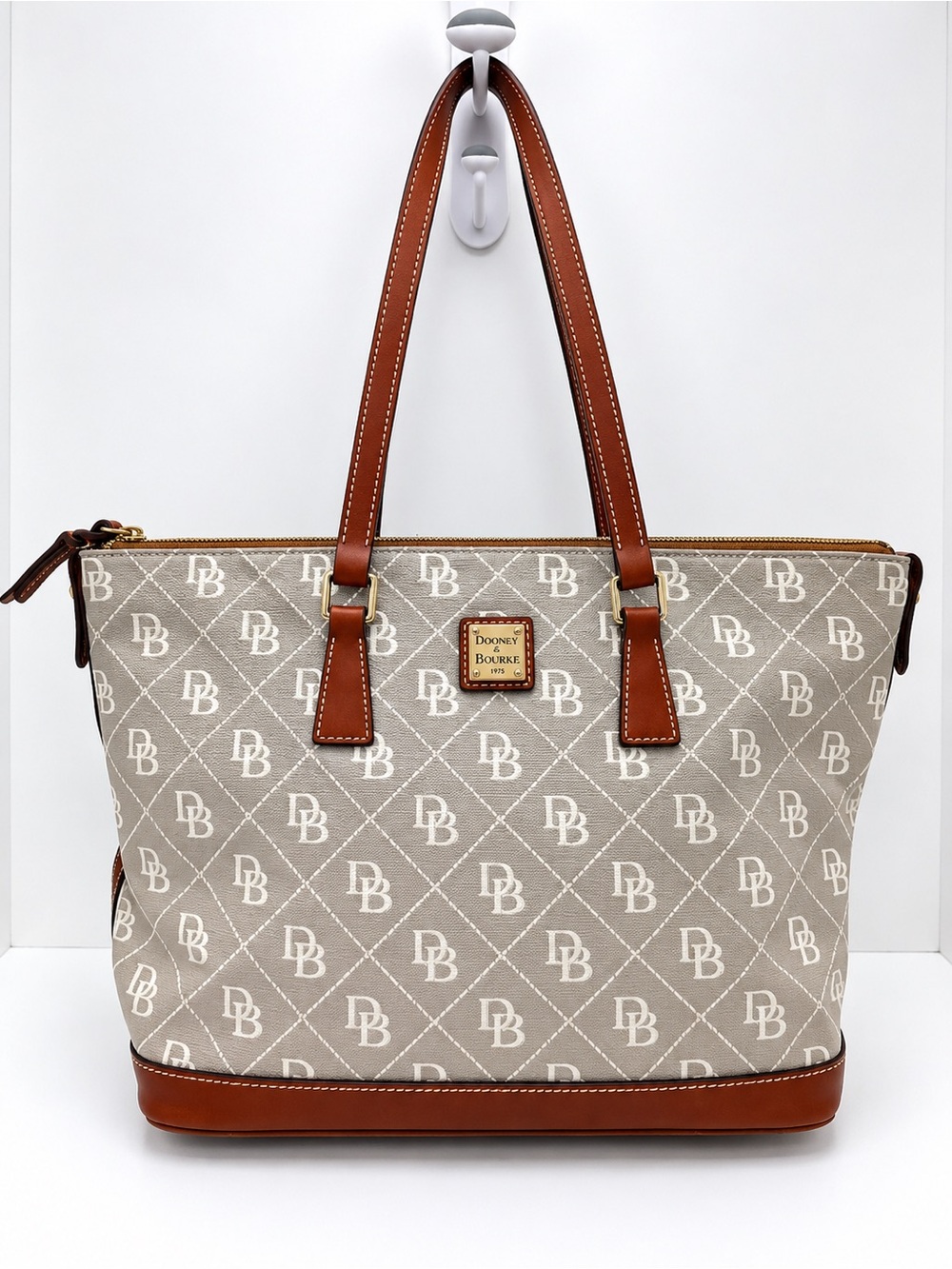 Dooney & Bourke Beige Logo Canvas Tote with Brown Leather Trim